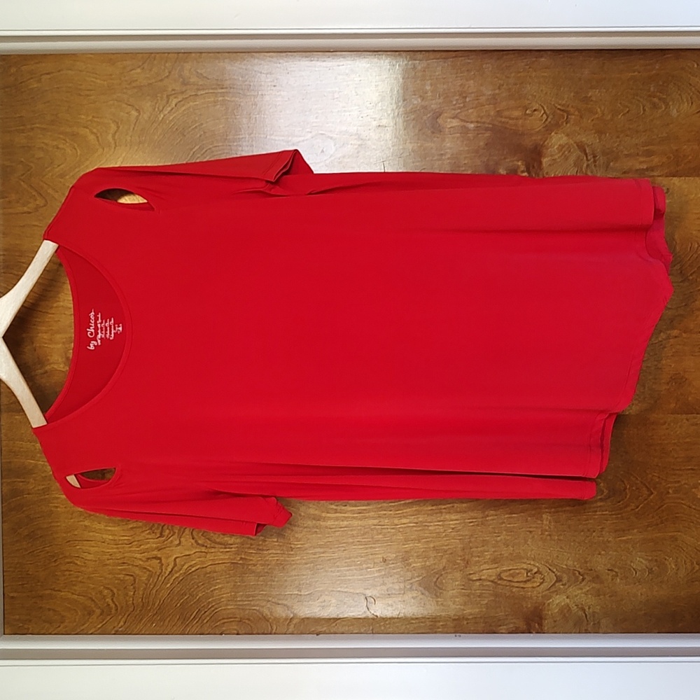 By Chicos Red cut out sleeves with asymmetrical bottom, flowy